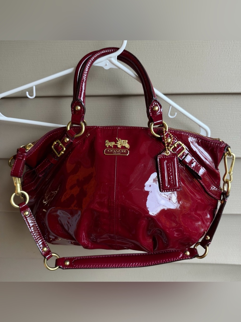 Coach Burgundy Patent Leather Satchel Top Handle Bag Zip w/ Detachable Strap